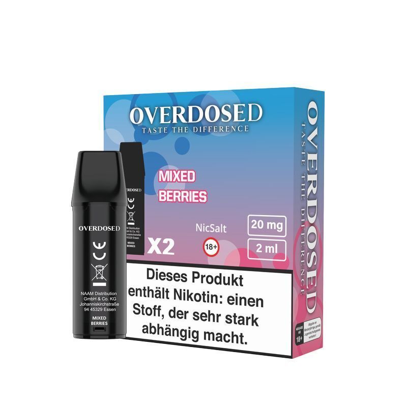 Mixed Berries 20mg - Overdosed Pods Overdosed Pods Mixed Berries 20mg Verpackung mit zwei 2ml Flaschen, enthält Nikotin, blauer Hintergrund mit rosa Text und Warnhinweis.