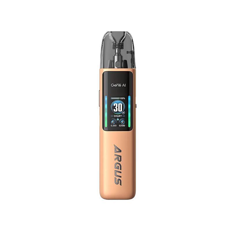 Voopoo Argus G2 Pod Kit - Peachy Beige Voopoo Argus G2 Pod Kit in Peachy Beige mit Display zeigt 30 Watt, Gene AI und Batterieanzeige, transparenter Pod kann oben gesehen werden
