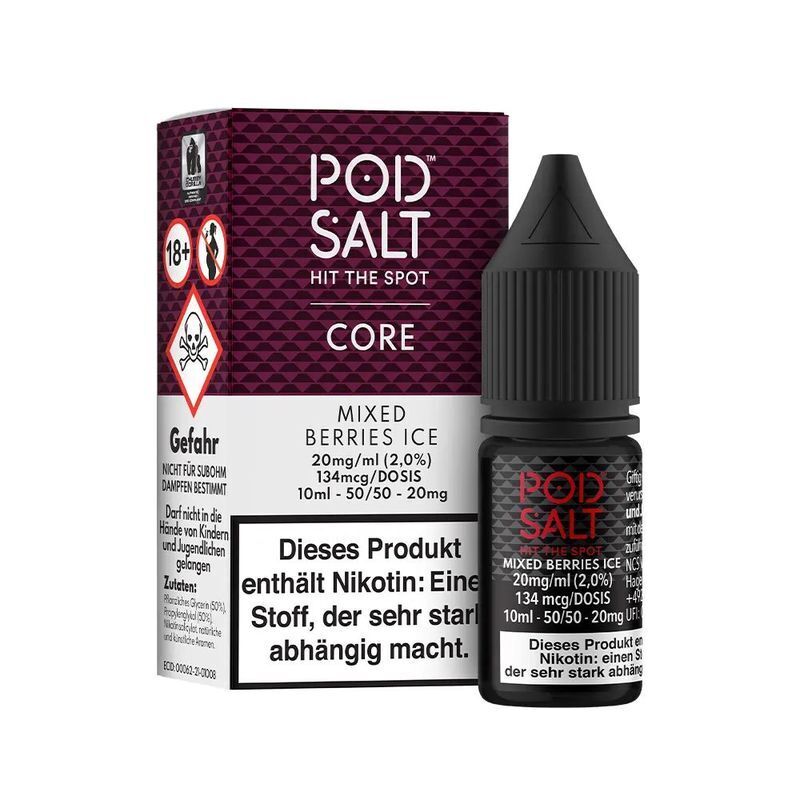 Liquid Mixed Berries Ice mit 20mg Nikotin von Pod Salt Core Pod Salt Core Mixed Berries Ice 20mg Nikotinsalz-Verpackung mit Flasche, Warnhinweise und Dosierungsangaben auf der Verpackung sichtbar.