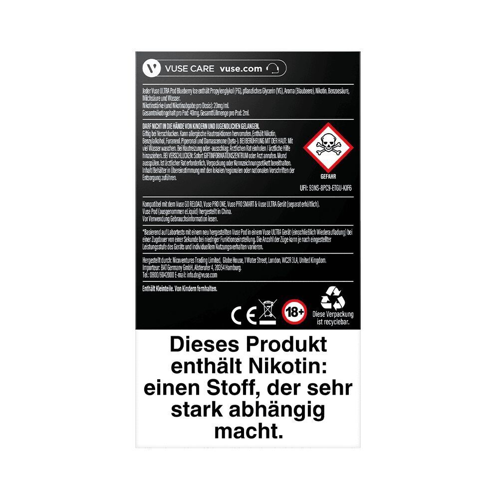 Vuse Ultra Pods - Blueberry Ice 20mg Verpackung von Vuse Ultra Pods Blueberry Ice 20mg mit Nikotin-Warnhinweisen, Altersvermerk 18+, Gefahrensymbol und Herstellerangaben.