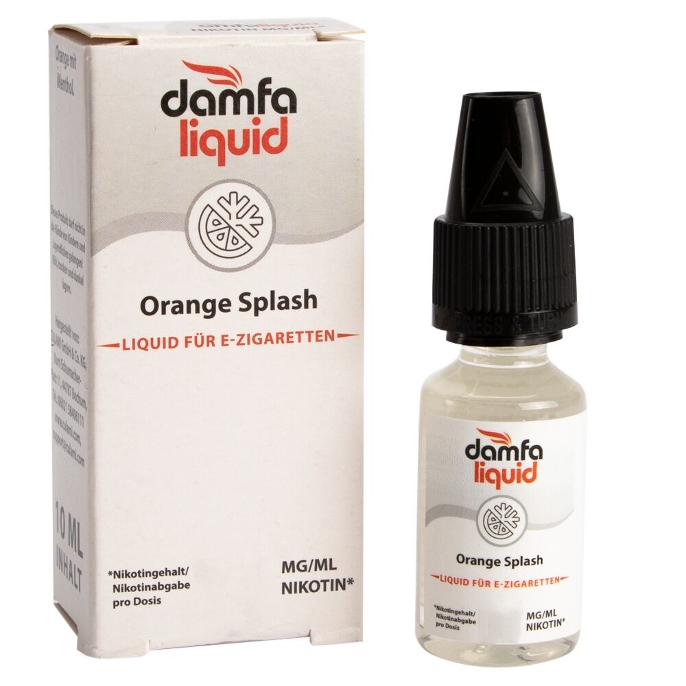 Liquid Orange Splash 12mg - Damfaliquid Flasche und Verpackung von Damfaliquid Liquid Orange Splash 6mg für E-Zigaretten, mit sichtbarem Logo und Fruchtgrafik auf weißem Hintergrund.