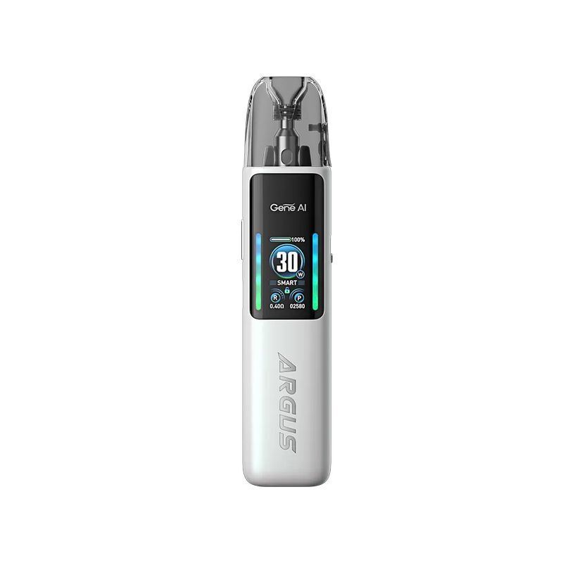 Voopoo Argus G2 Pod Kit - Pearl White Voopoo Argus G2 Pod Kit in Pearl White mit digitalem Display, zeigt 30 Watt Leistung, Batteriestand und „Gene AI“-Branding