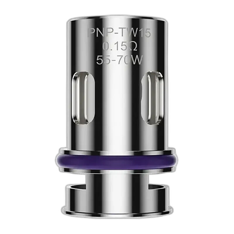 Voopoo PnP Coil mit silbernem Finish, seitlichen Öffnungen und lila Dichtung, zeigt die Aufschrift PNP-TW15, 0.15Ω, 55-70W.
