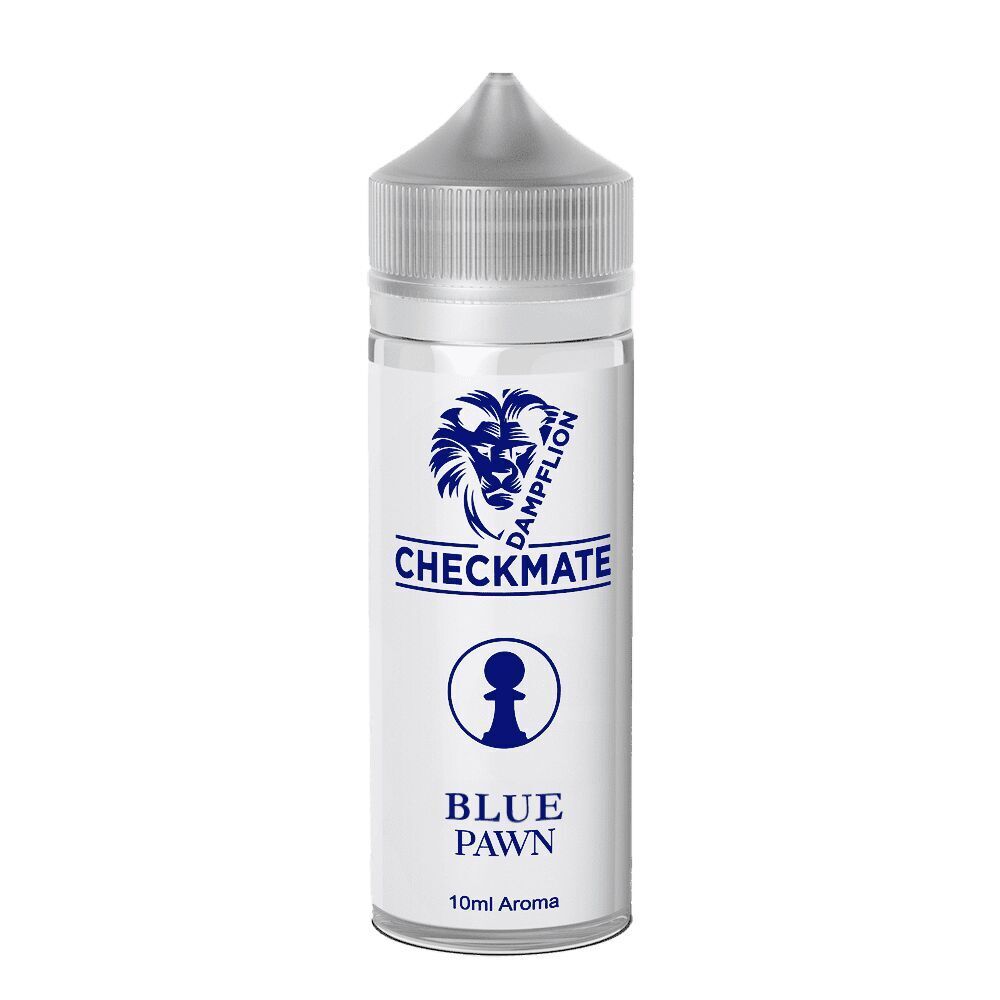 Weißes Fläschchen mit grauem Deckel, auf dem Etikett steht „Dampflion Checkmate Blue Pawn“ mit einem blauen Bauern-Symbol darunter.