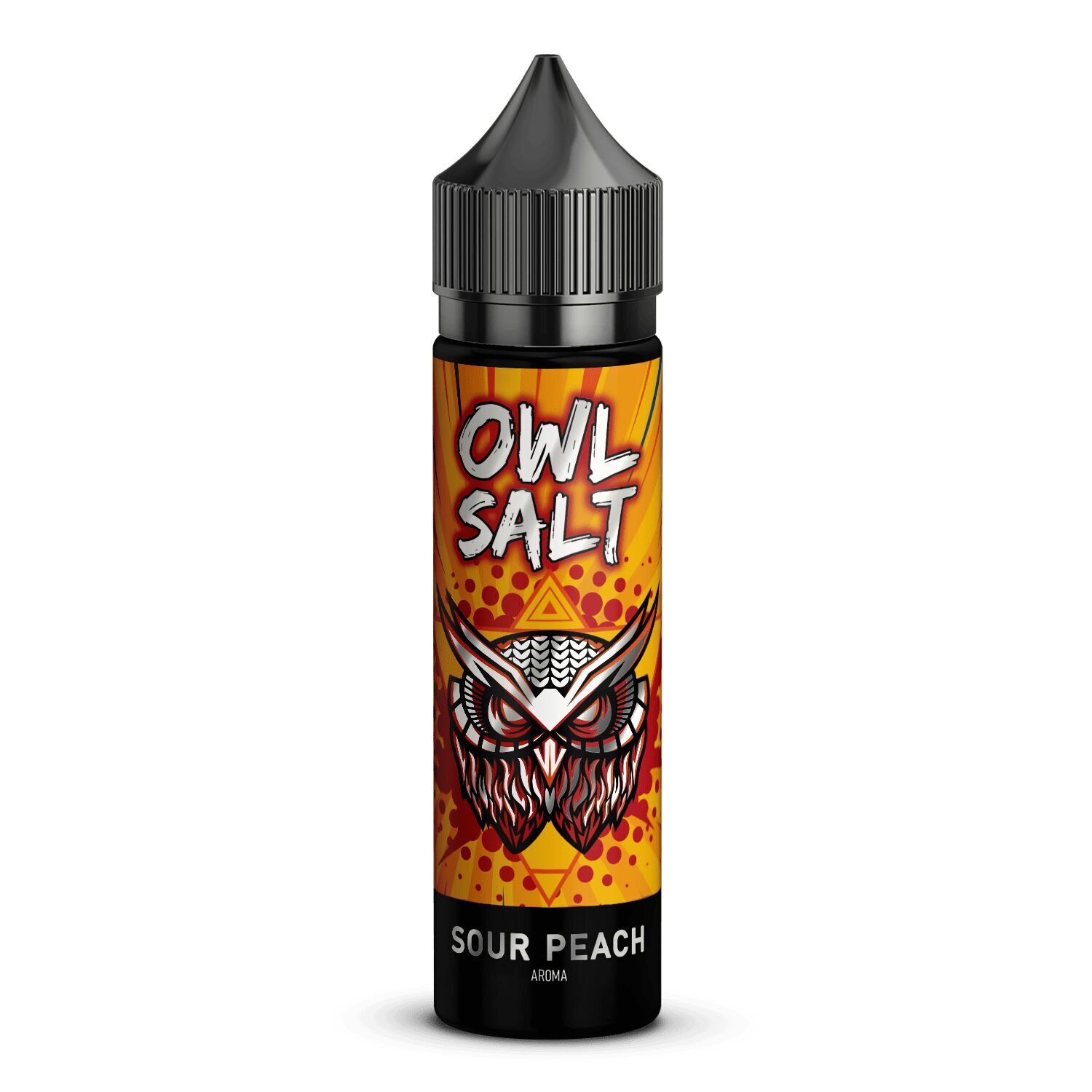 Aroma Sour Peach - Owl Salt Flasche mit orangem Etikett und Eulenmotiv, Aufschrift "OWL SALT" und "SOUR PEACH AROMA"