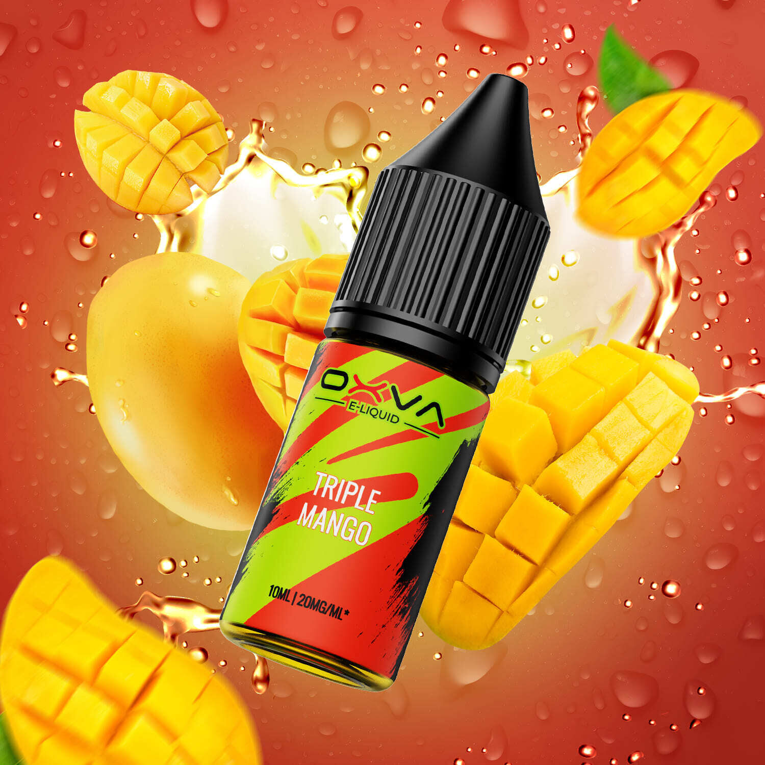 Oxva Nikotinsalzflasche Triple Mango 20mg umgeben von saftigen Mangos und Spritzern auf rotem Hintergrund.