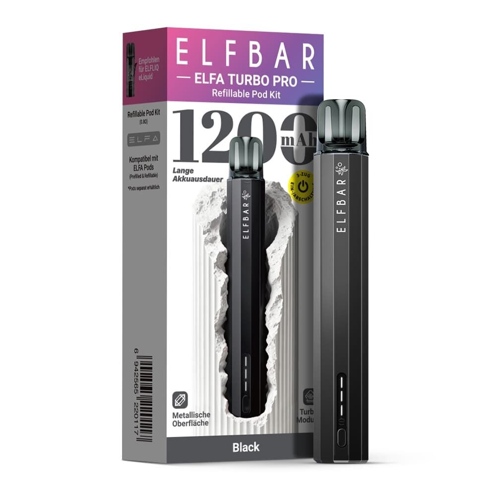 Elfbar Elfa Turbo Pro Kit Elfbar Elfa Turbo Pro Kit in Schwarz vor der Verpackung mit 1200 mAh, metallischer Oberfläche und kompatibel mit Elfa Pods.