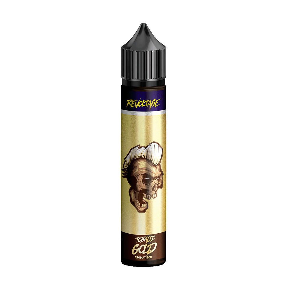 Revoltage Tobacco Longfill Aroma Gold Flasche mit schwarzem Deckel zeigt einen Schädel mit weißem Haar auf goldenem Hintergrund.