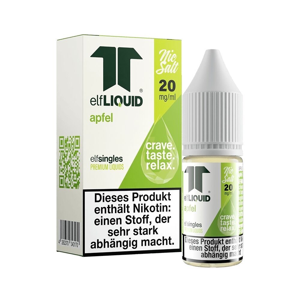 Elf Liquid Nikotinsalz - Apfel Elf Liquid Nikotinsalz Apfel 20 mg/ml Packung und Flasche mit Warnhinweis zu Nikotin. Crave. Taste. Relax. Aufschrift auf grünem Hintergrund.