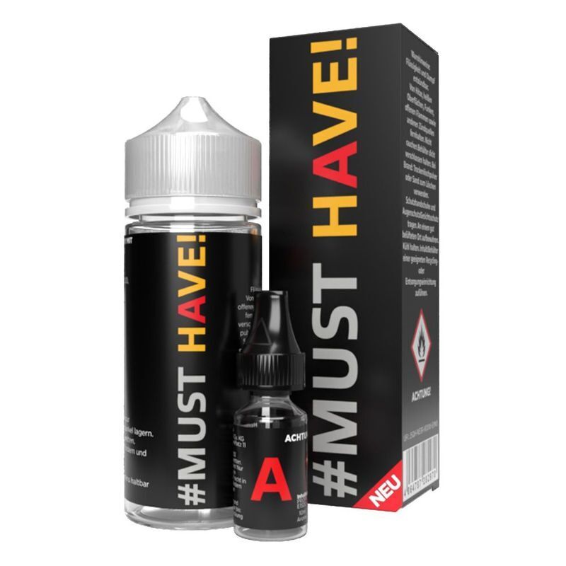 Aroma A von Must Have von Aroma Zwei Flaschen mit schwarzem Etikett "#Must Have!", eine größere und eine kleinere vor einer passenden Box mit gleichem Design.