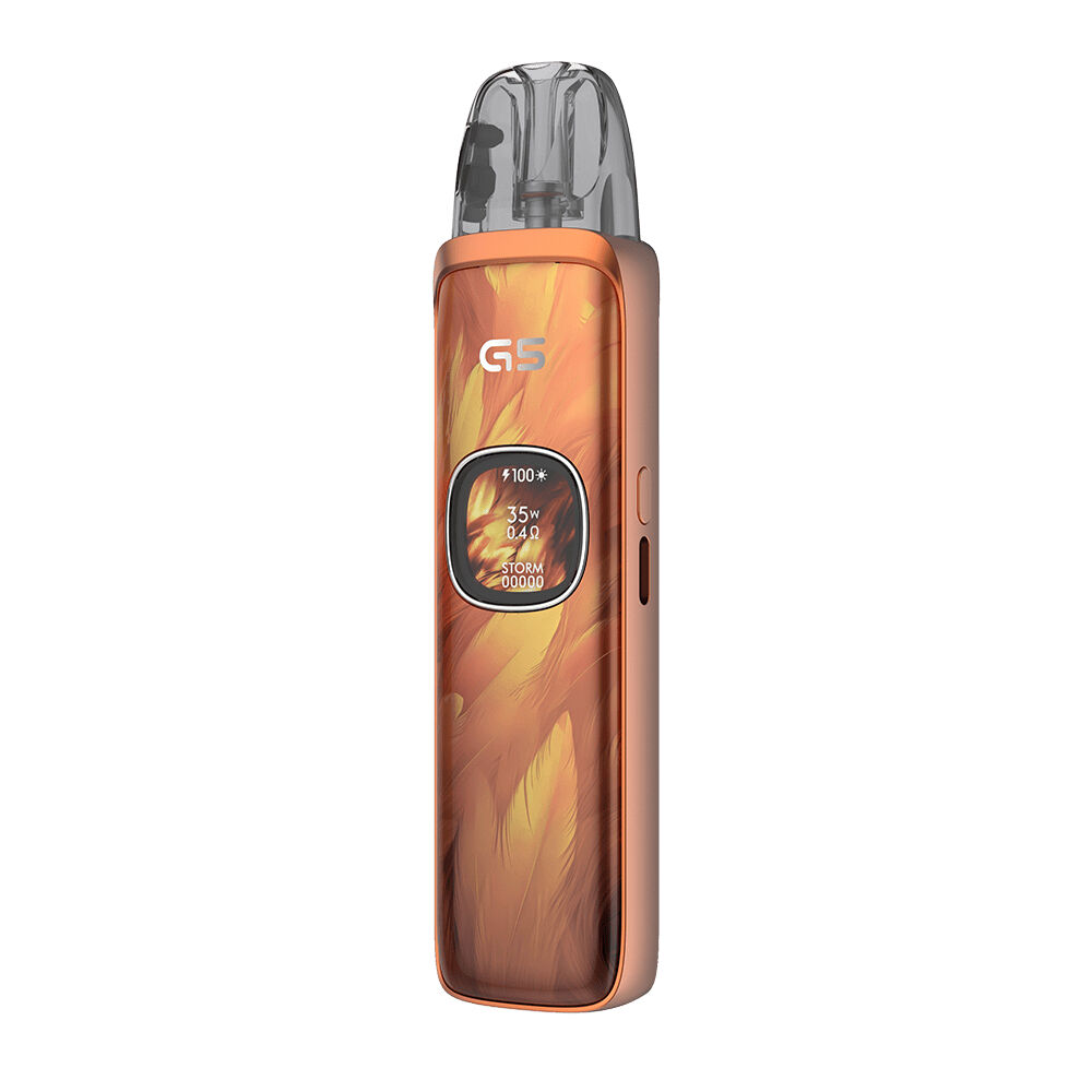 Uwell Caliburn G5 Pod Kit - Orange Feathers Uwell Caliburn G5 Pod Kit in Orange mit Federmuster und Display mit Leistungsanzeige.
