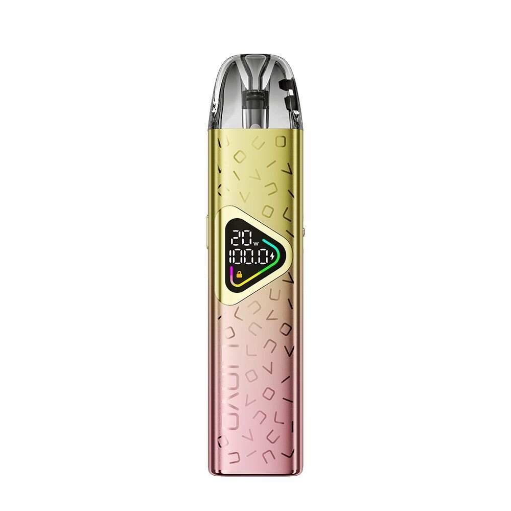 Linvo Force Air Pod Kit - Yellow Pink Linvo Force Air Pod Kit in Gelb und Pink mit digitalem Display, verziert mit geometrischen Mustern, transparenter Kappe oben.