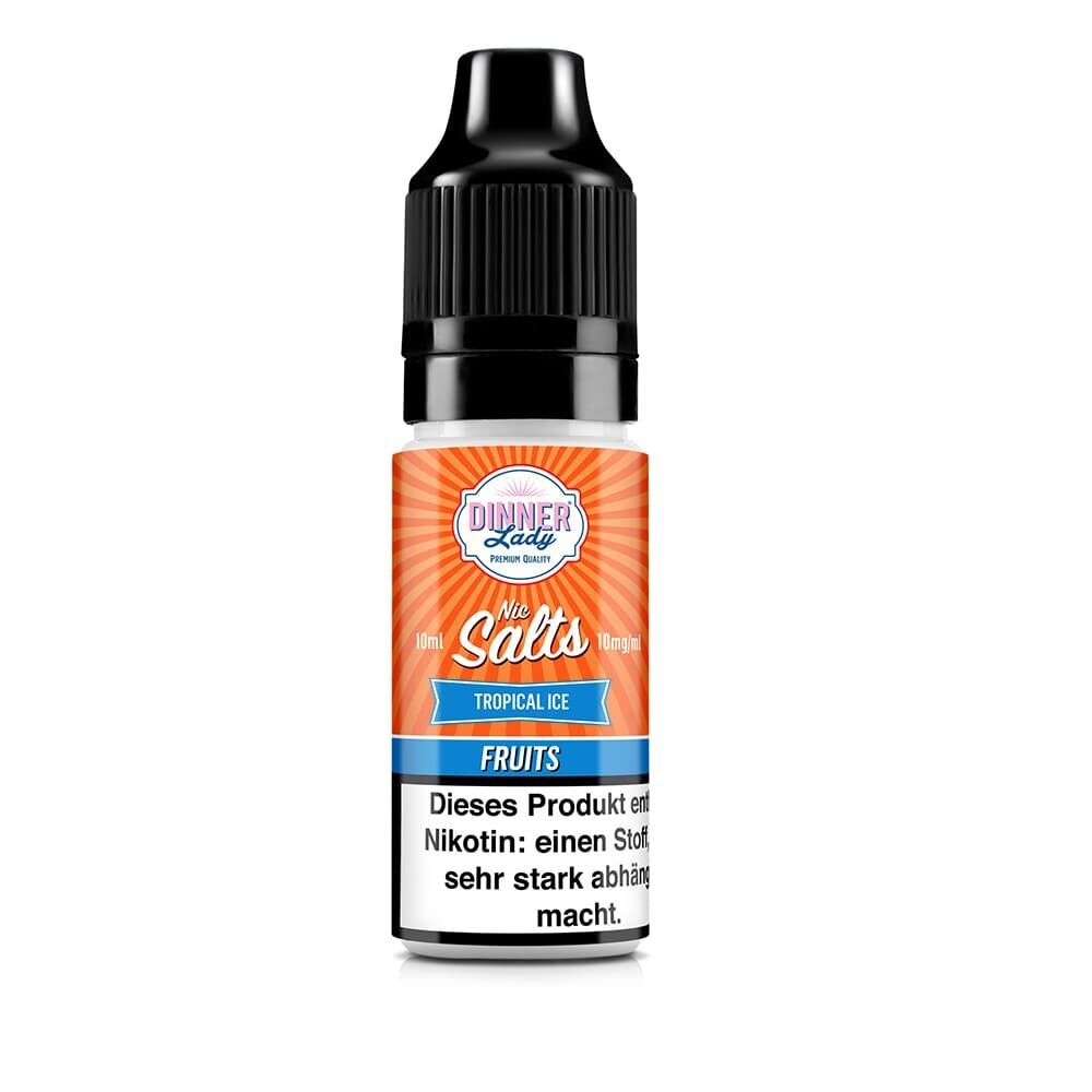 Dinner Lady Nikotinsalz Tropical Ice 10mg Flasche mit orangefarbenem Etikett, weißem und blauem Text und nikotinhaltigem Warnhinweis.