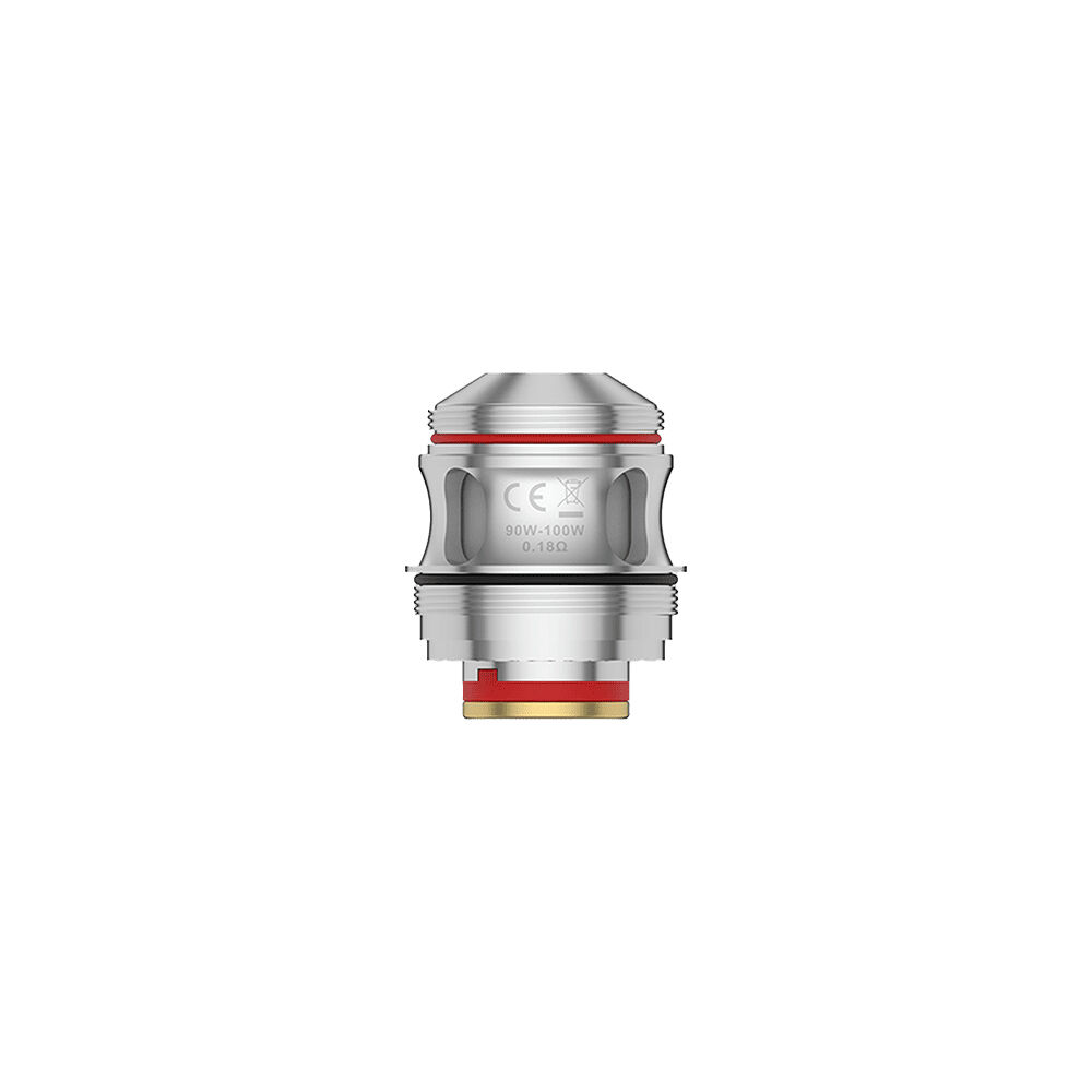 Uwell V Verdampferköpfe (Valyrian 4) Uwell Valyrian 4 Verdampferkopf, silbern mit roten Akzenten, sichtbare Aufschrift 90W-100W, 0.18Ω, CE-Kennzeichnung.