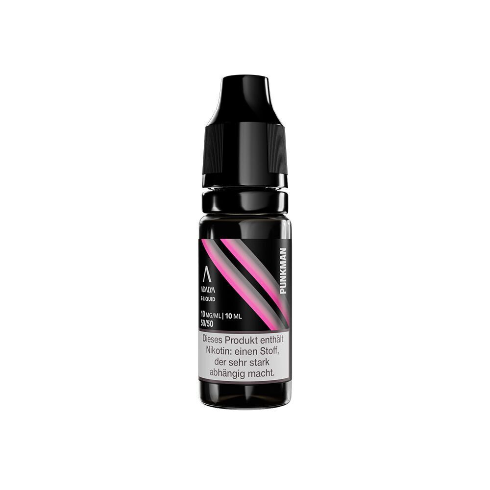 Liquid Punkman 10mg - Adalya Nikotinsalz Flasche Adalya Nikotinsalz Punkman 10mg, schwarz mit pinken Akzenten, enthält Hinweistext zur Nikotinabhängigkeit.