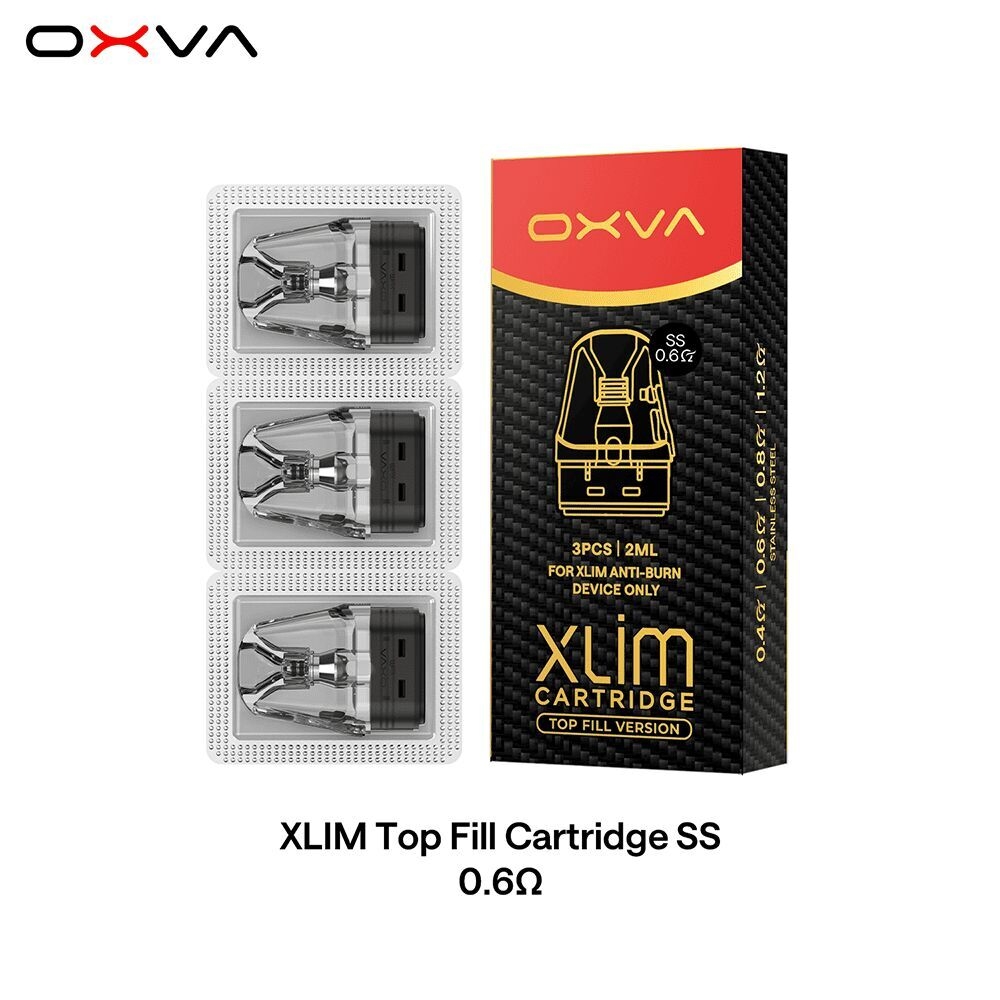 Oxva Xlim DNA Pods, 0,6 Ohm, drei Kartuschen in transparenten Blistern, gelbe und rote Verpackung mit Produktinformationen