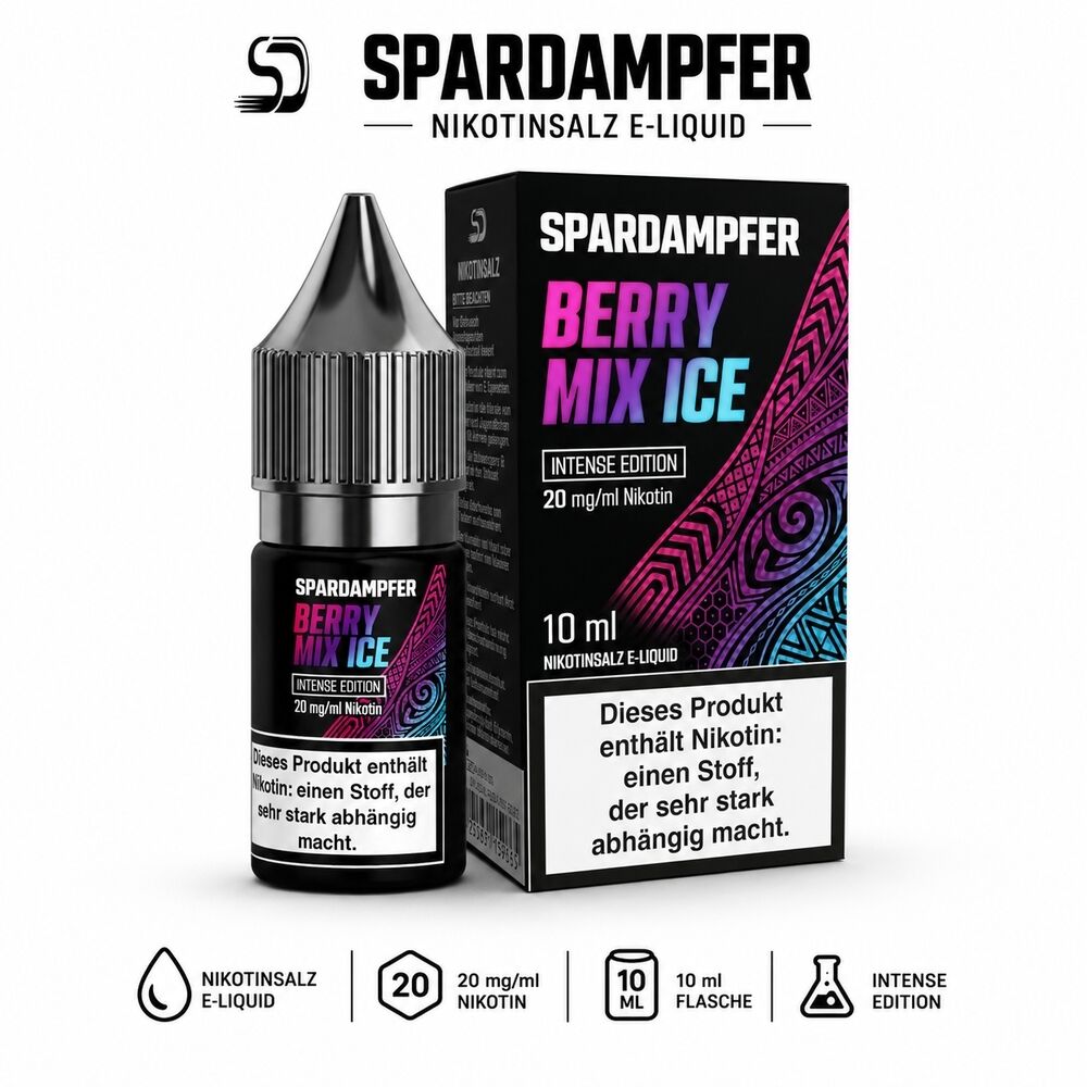Spardampfer-Nikotinsalz-Liquids.jpg Flasche und Verpackung des Spardampfer Berry Mix Ice Nikotinsalz E-Liquids mit 20mg Nikotin, enthaltener Warnhinweis zu Nikotinsucht.