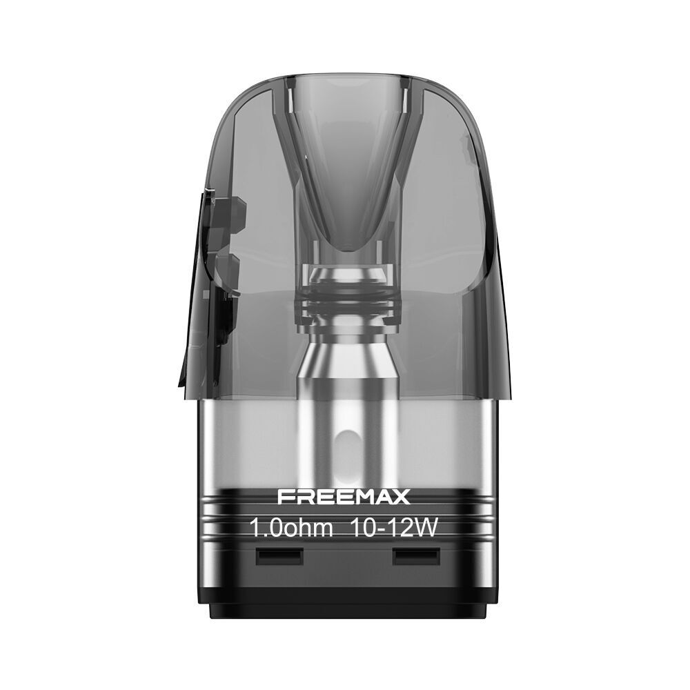 Freemax Rexa P Pods mit Coil - 1,0 Ohm Freemax Rexa P Pod mit Coil, transparentes Gehäuse, Beschriftung "1,0 Ohm 10-12W" auf der Vorderseite, zylindrische Form.