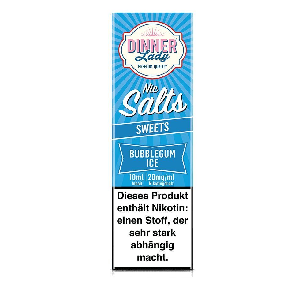 Dinner Lady Nikotinsalz Bubblegum Ice 10ml 20mg/ml Packung, blaue Verpackung, enthält Nikotin mit Warnhinweis über Abhängigkeit.