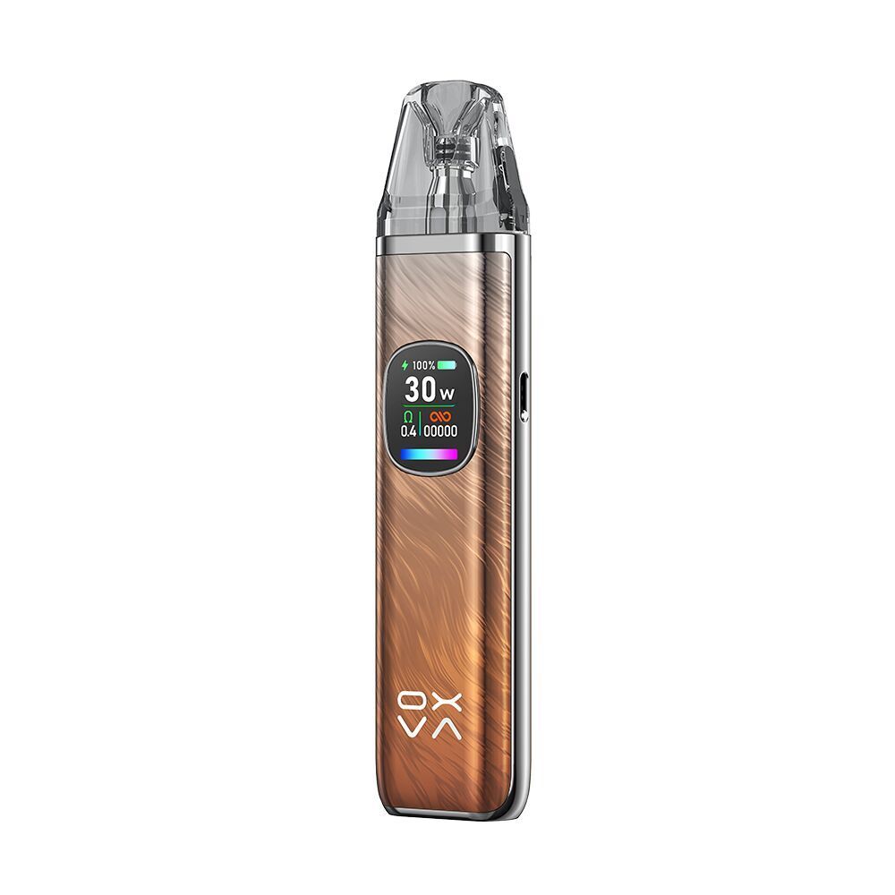 Oxva Xlim Pro 2 Pod Kit in Amber Orange mit Display und Ladestandanzeige, glänzendes Muster und sichtbares Oxva-Logo.