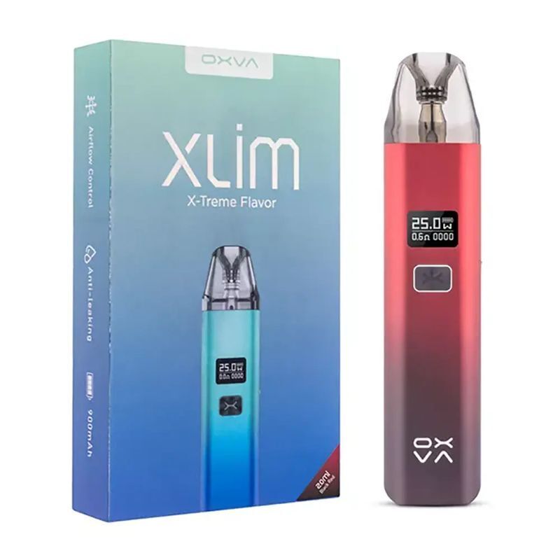 Oxva Xlim Pod Kit in der Farbe V2 Black Red Oxva Xlim Pod Kit V2 in Schwarz-Rot neben der Verpackung, mit sichtbarem Display und Branding, zeigt 25.0 W an.