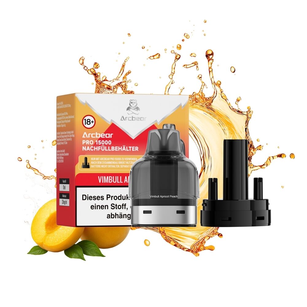 Arcbear Pro 15000 Pods - Vimbull Apricot Peach 20mg Arcbear Pro 15000 Pods Vimbull Apricot Peach 20mg mit Nachfüllbehälter, umgeben von Aprikosen und Spritzern, Verpackung im Hintergrund