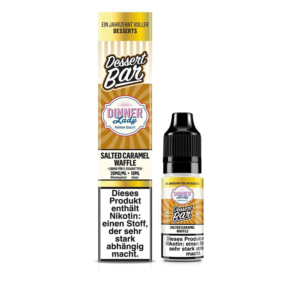 Liquid Salted Caramel Waffle 20mg - Dinner Lady Nikotinsalz E-Liquid-Flasche und Verpackung von Dinner Lady Dessert Bar, Sorte Salted Caramel Waffle, 20mg, mit Nikotinwarnung.