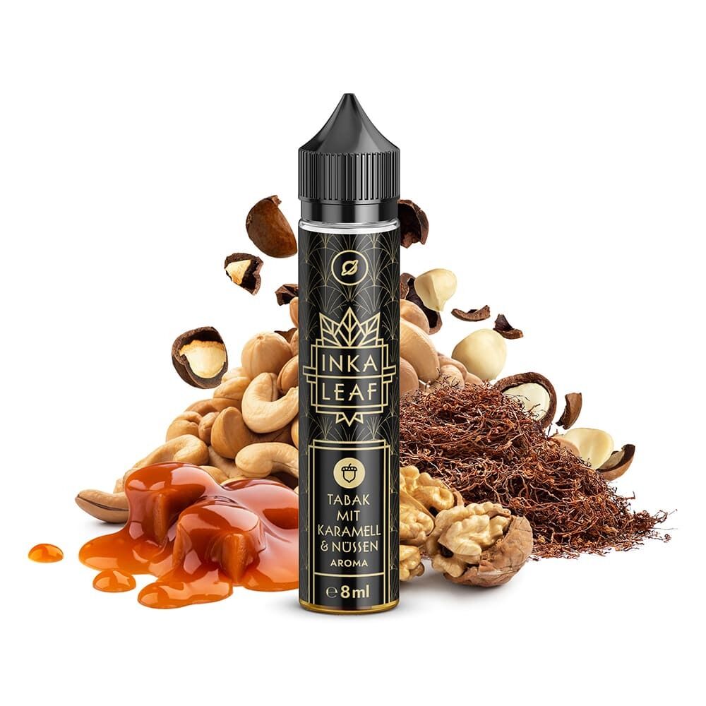 Aroma Tabak mit Karamell & Nüssen von Flavorverse Aroma-Flasche "Tabak mit Karamell & Nüssen", umgeben von Nüssen, Karamell und Tabakblättern auf weißem Hintergrund.