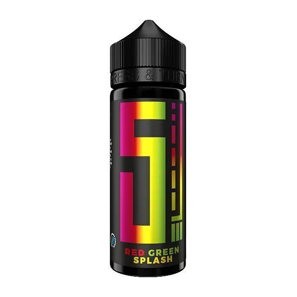 Aroma Red Green Splash von 5 Elements Flasche des Produkts 5 Elements Aroma - Red Green Splash mit buntem Etikett in Rot, Grün und Gelb, schwarzer Verschluss.
