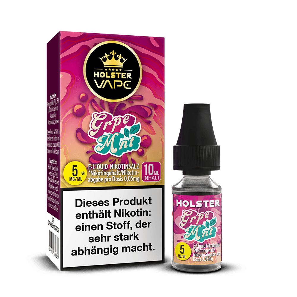Holster Nikotinsalz - Grpe Mnt Holster Nikotinsalz Grpe Mnt E-Liquid mit 5 mg/ml Nikotin, 10 ml Flasche, neongrüner Text auf pinkem Hintergrund, Warnhinweis auf Packung.