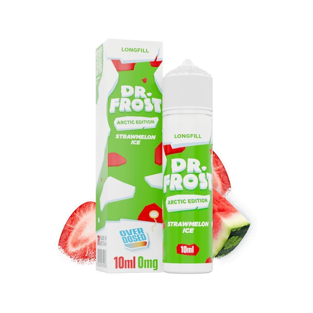 Aroma Strawmelon Ice - Dr. Frost Dr. Frost Strawmelon Ice Aroma in grüner Verpackung und Flasche mit scheibenförmigen Erdbeeren und Wassermelonen im Hintergrund