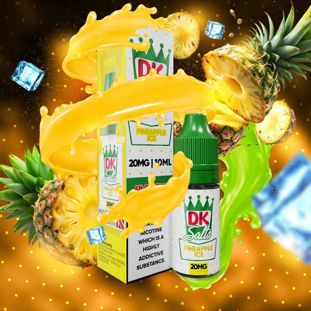 Liquid Pineapple Ice 20mg - DK Salts DK Salts Nikotinsalz Pineapple Ice 20mg Flasche und Verpackung mit Ananas und Spritzer im Hintergrund, farbenfrohes Design