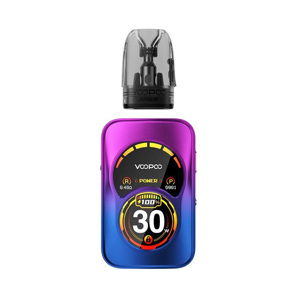 Voopoo Argus A Pod Kit in Phantom Purple mit Farbverlauf auf Digitaldisplay, zeigt „30 W“, inklusive durchsichtiger Pod-Aufsatz.