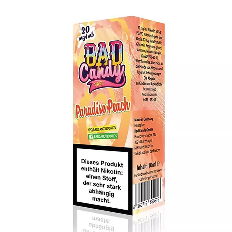Liquid Paradise Peach mit 20mg Nikotin von Bad Candy Bad Candy Nikotinsalz Paradise Peach 20mg Verpackung mit buntem Design, Warnhinweisen zu Nikotin und 10 ml Inhalt, Barcode sichtbar.