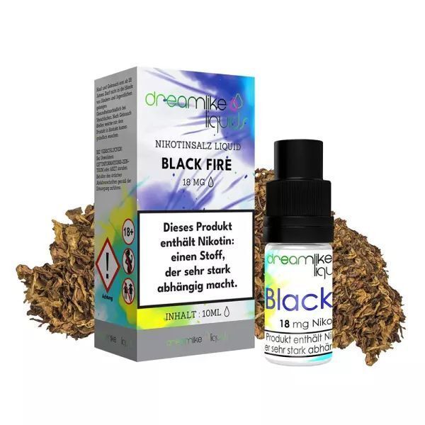 Liquid Black Fire mit 18mg Nikotin von Dreamlike Liquids Flasche Dreamlike Nikotinsalz Black Fire 18mg und Verpackung vor Tabakhintergrund, Warnhinweise und Produktschrift sichtbar.