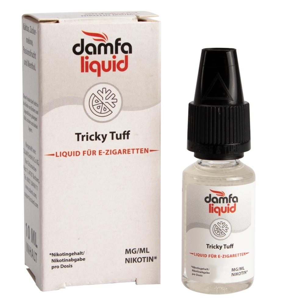 Tricky Tuff Liquid für E-Zigaretten von Damfaliquid, 6mg Nikotin, zeigt Verpackung und Flasche mit schwarzem Verschluss und rotem Logo