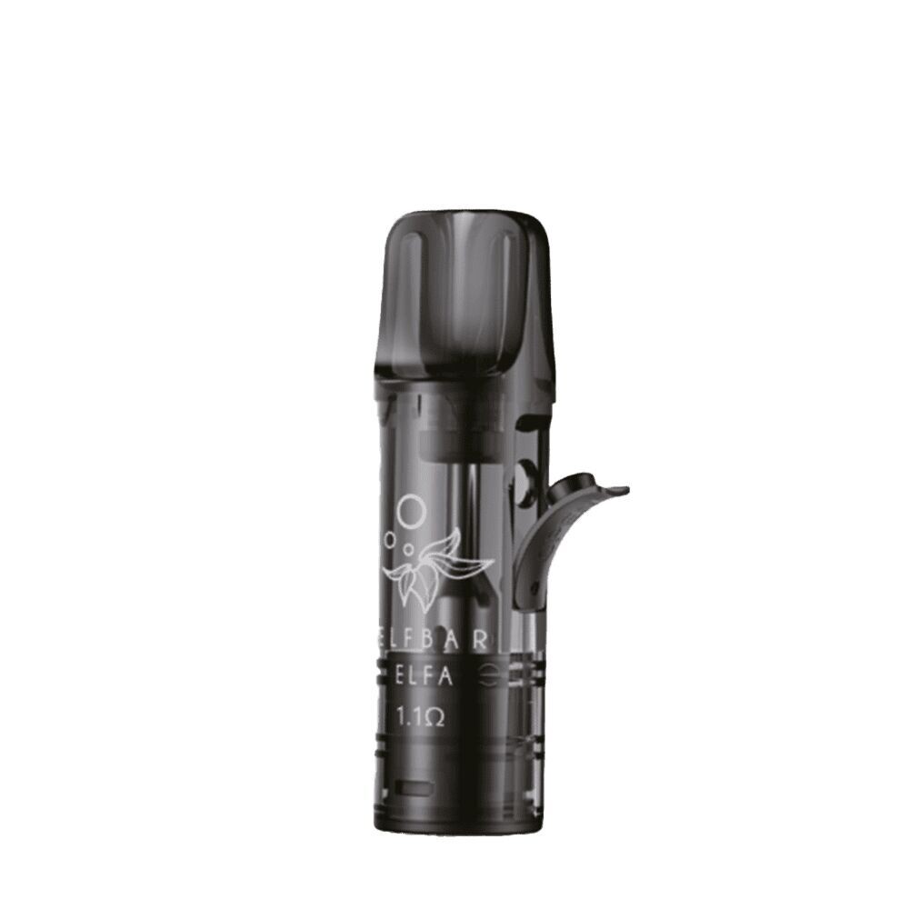 Elfbar ELFA Leervape-Pod in Schwarz mit durchsichtigem Gehäuse, sichtbarer Schriftzug "1,1Ω" und dekorativen Blasen- und Blattmustern