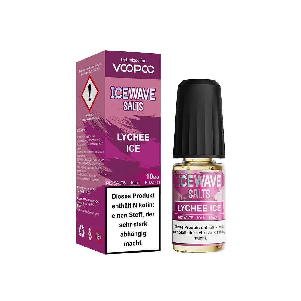 Icewave Nikotinsalz - Lychee Ice 10mg Icewave Nikotinsalz Lychee Ice Flasche und Verpackung mit 10mg/ml Nikotin, pinkfarbenes Design und Warnhinweis über Nikotinabhängigkeit.