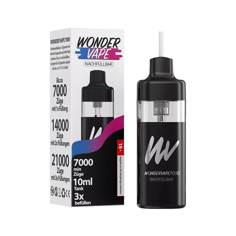 Wondervape 7000 Pod Kit Wondervape 7000 Pod Kit in Schwarz, neben einer Verpackung mit buntem Logo und Informationen zu Zügen und Tankvolumen, 18+ Hinweis.