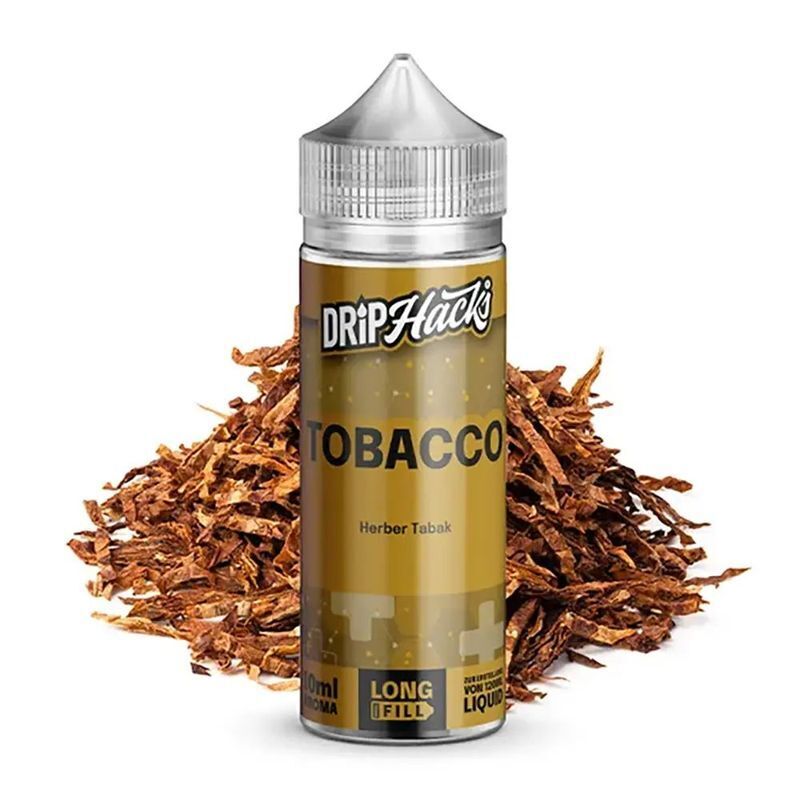 Aroma Tobacco von Drip Hacks Drip Hacks Aroma in 10 ml Flasche mit Tabakgeschmack, gelbbraunes Etikett, Text "TOBACCO" und "Herber Tabak", umgeben von Tabakblättern