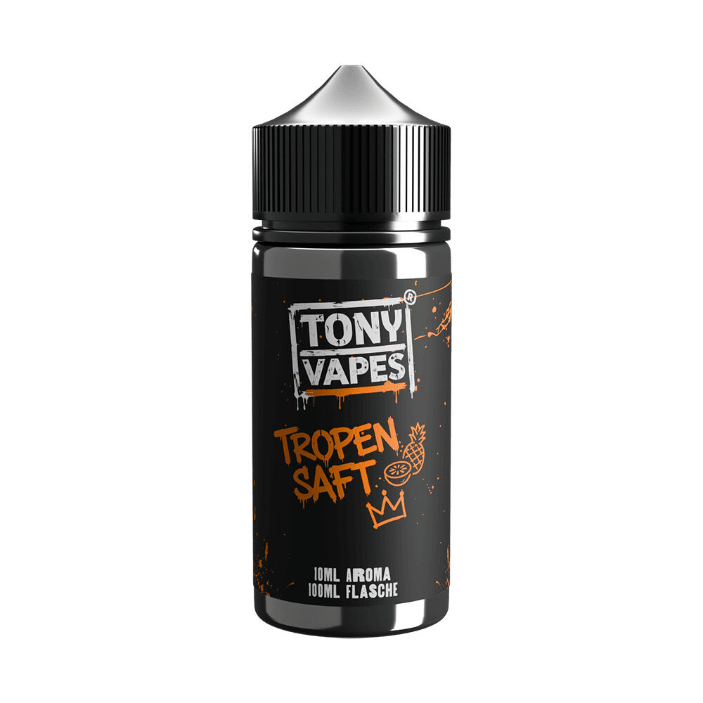 Tony Vapes Aroma Tropen Saft Flasche mit schwarzem Etikett, orangefarbenem Text und tropischen Symbolen, 10 ml Aroma, 100 ml Flasche.