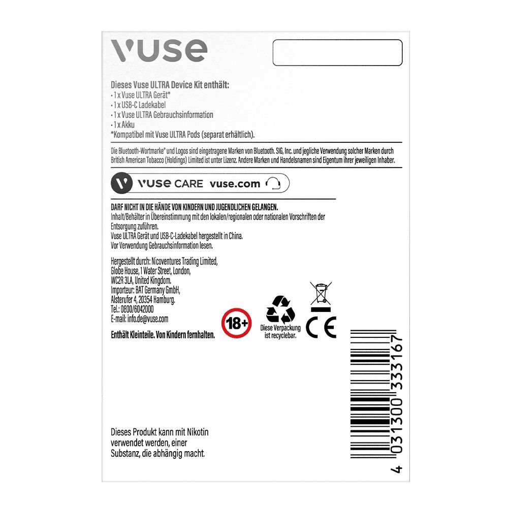 Rückseite der Verpackung des Vuse Ultra Akkus mit Angaben zum Inhalt, Herstellerinformationen, Altersbeschränkung und Recyclinghinweisen.
