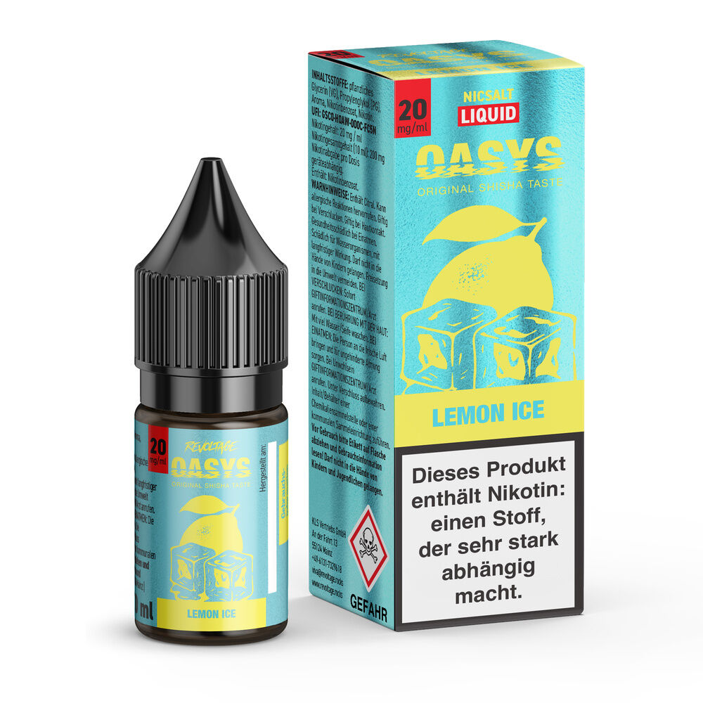Revoltage Oasys Hybrid Liquid - Lemon Ice Flasche und Verpackung von Revoltage Oasys Hybrid Liquid Lemon Ice 20mg, mit Zitronen- und Eiswürfelgrafik, enthält Nikotinwarnung.