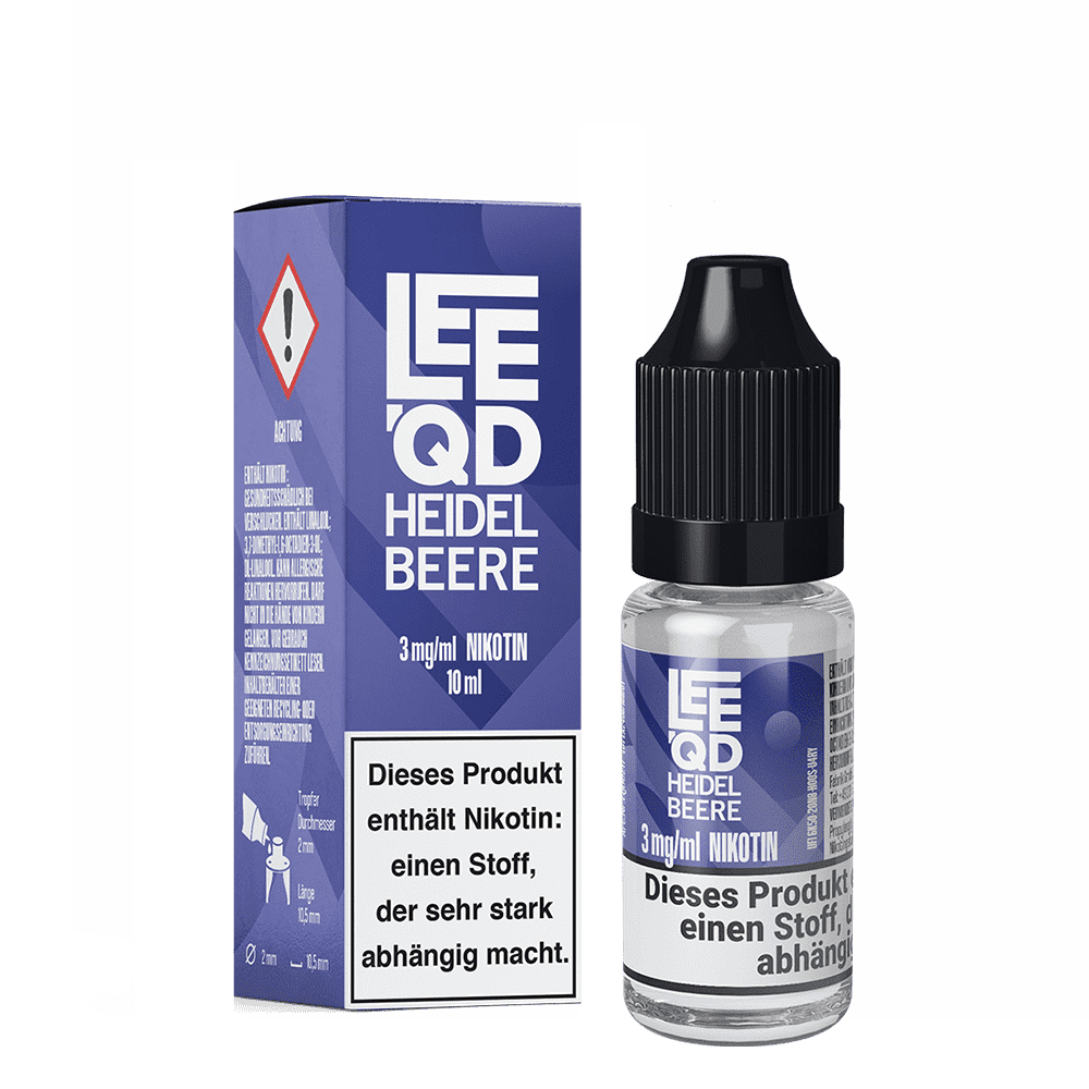 E-Flasche und Verpackung von Leeqd Liquid Heidelbeere 3mg; Nikotinwarnung, blaues Design, 10 ml Inhalt.