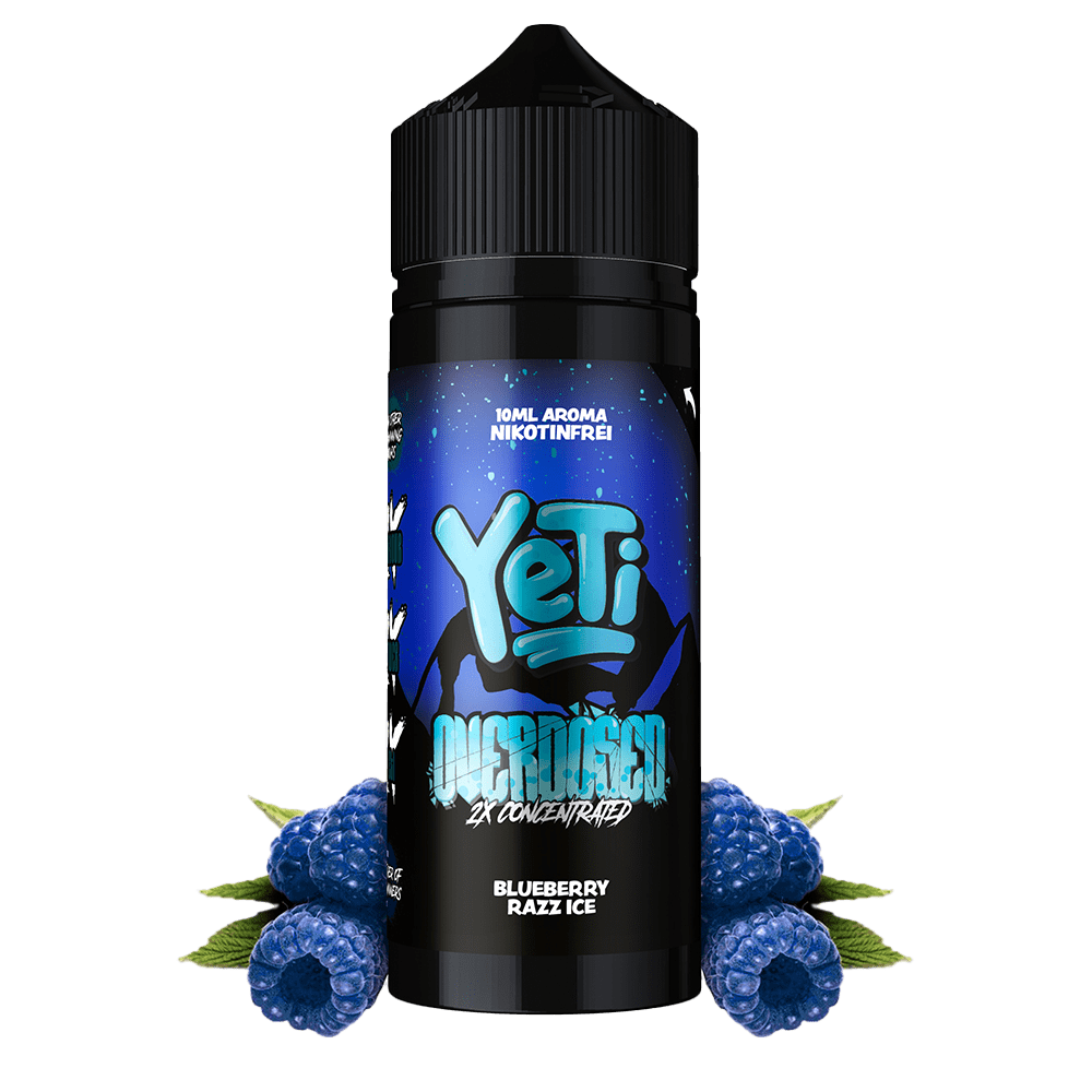 Aroma Blueberry Razz Ice von Yeti Yeti Aroma Blueberry Razz Ice Flasche vor blauem Hintergrund, mit blauen Himbeeren und grünen Blättern an der Flasche platziert