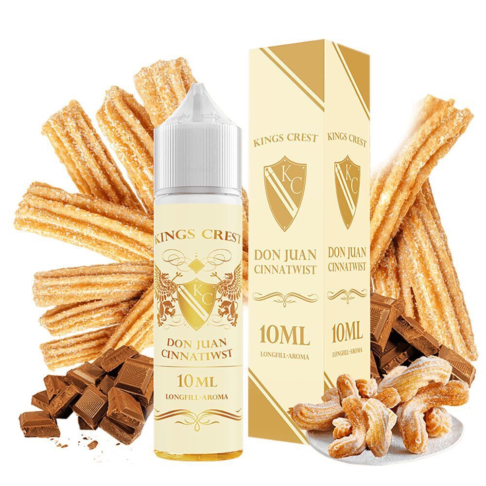 Kings Crest Aroma - Don Juan Cinnatwist Kings Crest Aroma Don Juan Cinnatwist Flasche und Verpackung vor Churros und Schokoladenstücken, 10ml Longfill-Aroma sichtbar