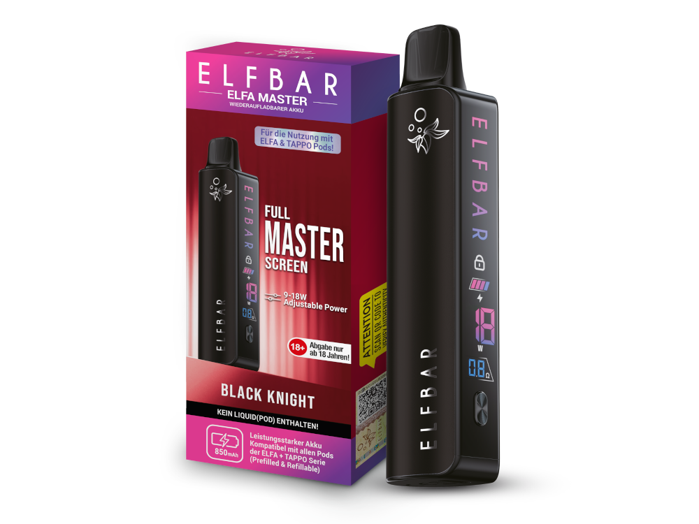 Elfbar Elfa Master Pod Kit - Black Knight Elfbar ELFA Master Pod Kit - Black Knight, wiederaufladbar, schwarz mit Display, für ELFA & TAPPO Pods, Verpackung im Hintergrund