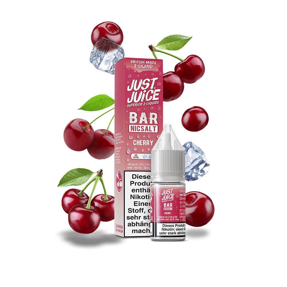 Liquid Cherry 20mg - Just Juice Just Juice Nikotinsalz Cherry 20mg in Verpackung mit Kirschen und Eiswürfeln, Hinweis auf Nikotinabhängigkeitstext sichtbar.