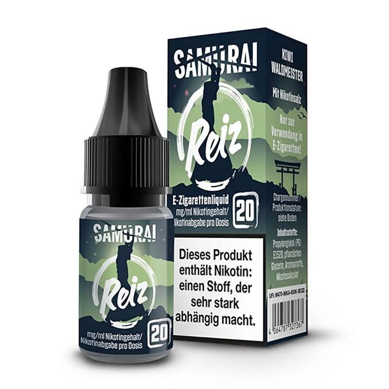 Liquid Reiz mit 20mg Nikotin von Samurai Flasche und Verpackung von E-Zigarettenliquid Samurai Reiz 20mg Nikotinsalz, Kiwi Waldmeister-Geschmack, Hinweis auf starken Nikotingehalt.