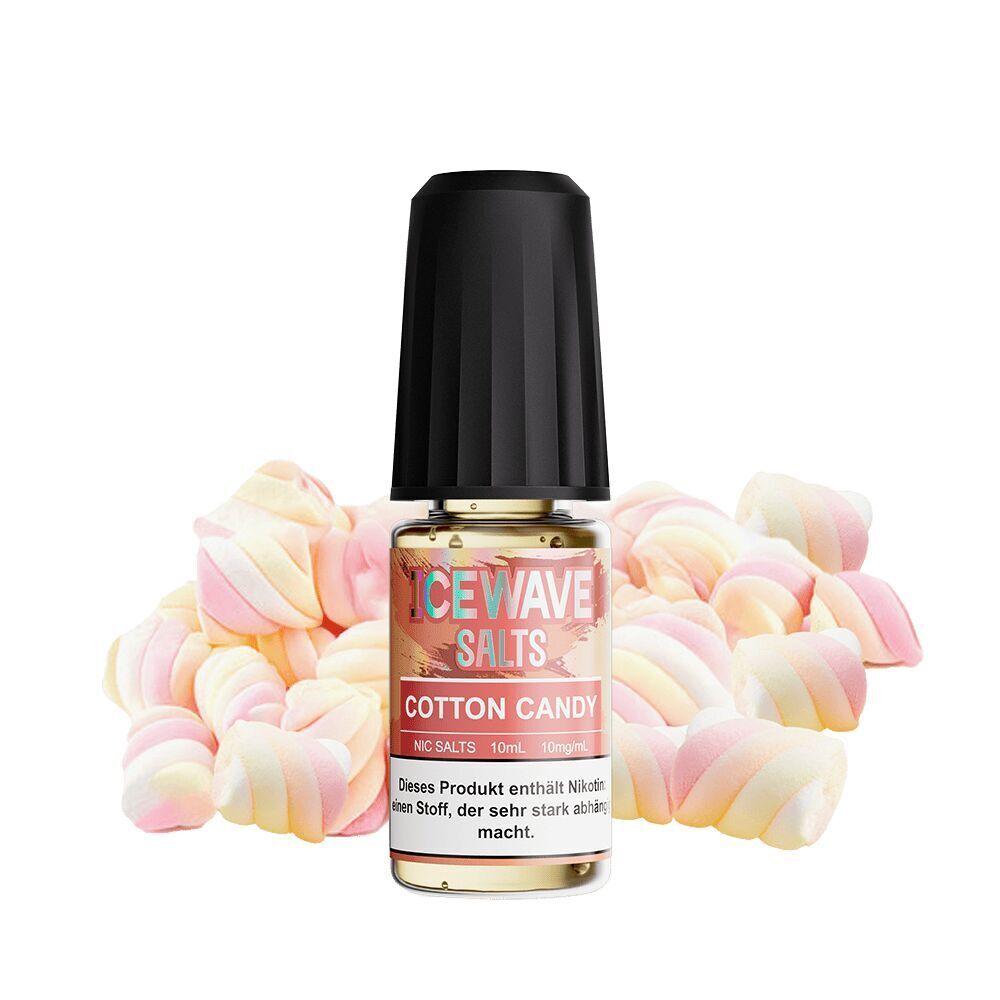 Icewave Nikotinsalz - Cotton Candy 10mg Icewave Nikotinsalz Cotton Candy 10mg Flasche mit schwarzem Verschluss, umgeben von pastellfarbenen Zuckerwatte-ähnlichen Süßigkeiten.